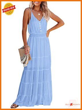 Spaghetti Strap Sleeveless High Waist Maxi Sundress Tiered Ruffle Boho